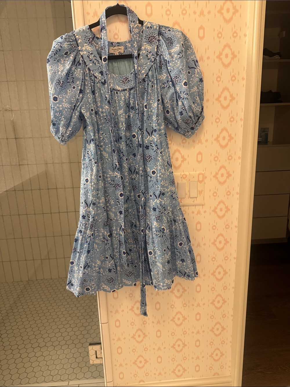 Light Blue Floral Puff-Sleeve Mini Dress with Tie Neck